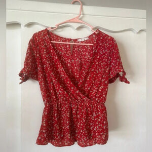 E & M red floral blouse size S